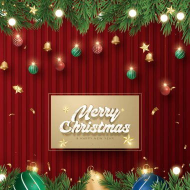 Mutlu noel süslemeleri Noel baloları ve köknar dalları ve Noel ışıkları arkaplanlı çanlar. Parlak Noel ve Yeni Yıl tasarımı tatil çerçevesi.