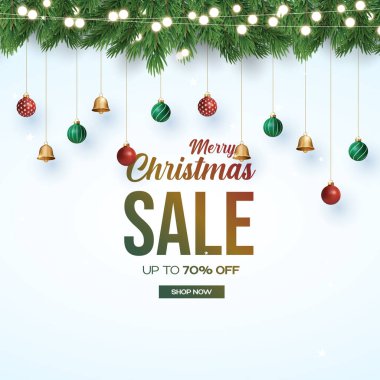 Mutlu noel indirimi poster afişi, ürün sergisi ve dekoratif ışık arka planlı. Noel dekorasyon temalı Noel Ürünleri podyumu.