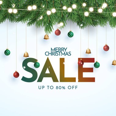 Mutlu noel indirimi poster afişi, ürün sergisi ve dekoratif ışık arka planlı. Noel dekorasyon temalı Noel Ürünleri podyumu.