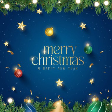 Mutlu noel süslemeleri Noel baloları ve köknar dalları ve Noel ışıkları arkaplanlı çanlar. Parlak Noel ve Yeni Yıl tasarımı tatil çerçevesi.