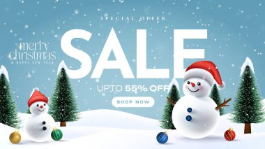 Merry Christmas sale promotion poster banner with product display and festive decoration light background. Winter season with 3D cheerful snowman and baby snowman.