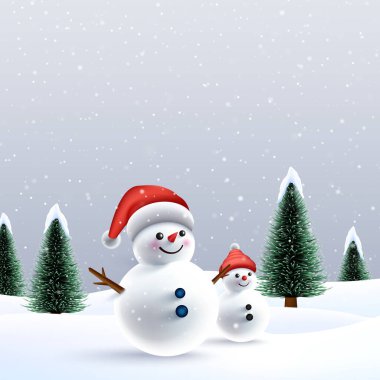 Merry Christmas wish snowy background. Snowdrifts. Snowfall Cold weather. Winter season with 3D cheerful snowman and baby snowman.