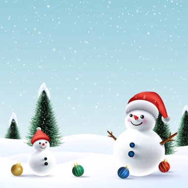 Merry Christmas wish snowy background. Snowdrifts. Snowfall Cold weather. Winter season with 3D cheerful snowman and baby snowman.