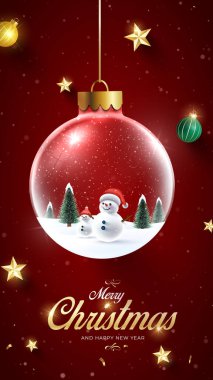 Mutlu Noeller, karlı arka plan. Kar yığınları. Kar yağışı soğuk hava. Üç boyutlu neşeli kardan adam ve bebek kardan adamla kış sezonu. 3 farklı Noel topu ve bayram indirimi pankartı..