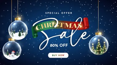 Mutlu noel indirimi poster afişi, ürün sergisi ve dekoratif ışık arka planlı. Noel özel indirimi ve kar taneleri ve kardan adam sunumu. 