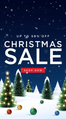 Mutlu noel indirimi poster afişi, ürün sergisi ve dekoratif ışık arka planlı. Noel özel indirimi ve kar taneleri ve kardan adam sunumu.