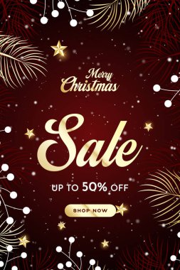 Mutlu noel indirimi poster afişi, ürün sergisi ve dekoratif ışık arka planlı. Noel özel indirimi ve kar taneleri ve kardan adam sunumu.