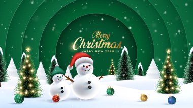 Karlı manzaralı mutlu Noel süsleri ve ışıldayan kış ağaçları. Mutlu Noeller, karlı arka plan. Üç boyutlu neşeli kardan adamla Noel sezonu.