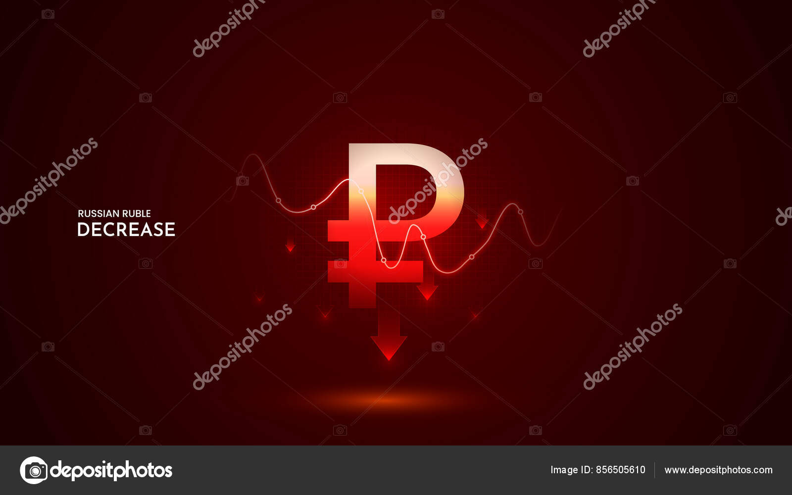 Valeur Rouble Diminue Avec Graphique Fond Rouge Rouble Diminuer Vecteur Illustration Ensemble Rouble Icône Diminution Des Coûts