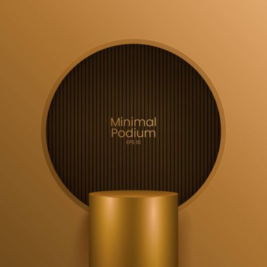 3D gerçekçi modern lüks stil parlak metalik podyum tezgahı, ahşap çizgi desenli arka plan, temiz arka planda en az duvar sahnesi. Güzellik kozmetik sunumu için kullan, vitrin modeli