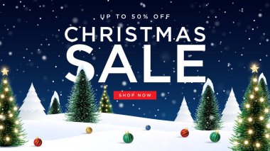 Mutlu noel indirimi poster afişi, ürün sergisi ve dekoratif ışık arka planlı. Noel özel indirimi ve kar taneleri ve kardan adam sunumu.