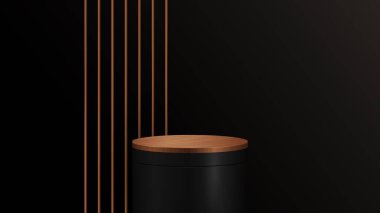 3D gerçekçi modern lüks stil parlak metalik kürsü altın çizgili. Temiz arka planda asgari duvar manzarası. Güzellik kozmetik sunumu için kullan, vitrin modeli