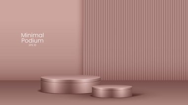 3D gerçekçi modern lüks stil parlak metalik kürsü altın çizgili. Temiz arka planda asgari duvar manzarası. Güzellik kozmetik sunumu için kullan, vitrin modeli