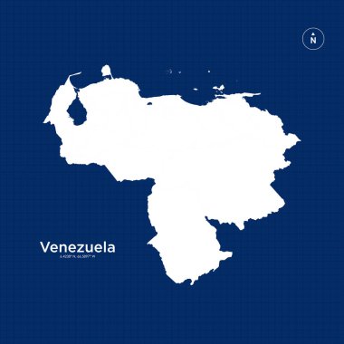 Grafiksel çizgileri olan Venezuela harita vektörü. Mavi arka planda Venezuela ülkesi. Venezuela ülkesinin beyaz siluet haritası koordinatlarla birlikte.