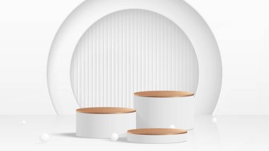 3D gerçekçi modern lüks stil parlak metalik kürsü altın çizgili. Temiz arka planda asgari duvar manzarası. 3D ahşap podyum platformları arka plan.