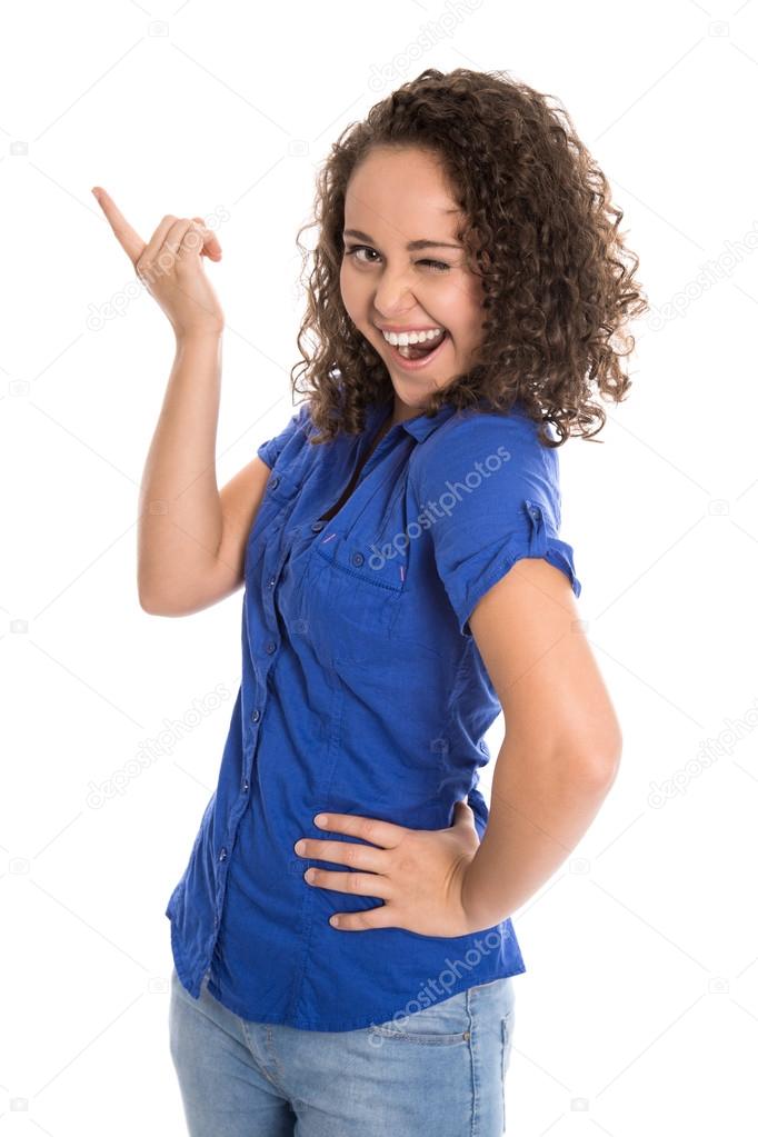 Crazy young girl in blue presenting with her finger.