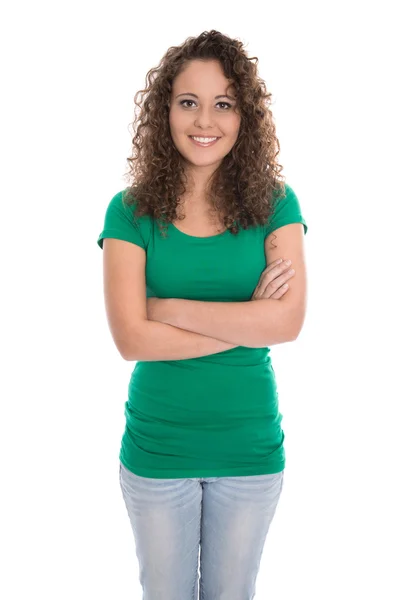 Muito isolado jovem mulher em camisa verde e jeans azul isolat — Fotografia de Stock