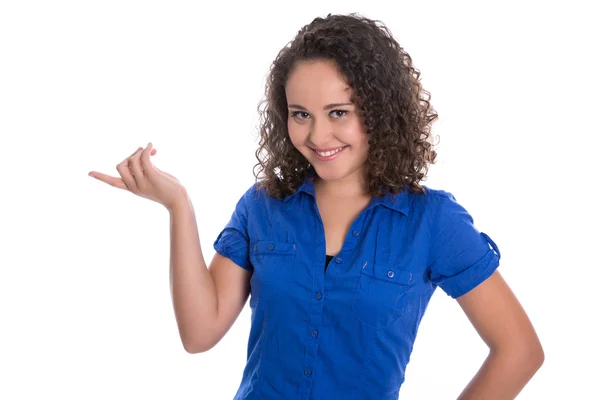 Präsentationskonzept: vereinzelte junge Frau in Blau mit Zeigefinger — Stockfoto