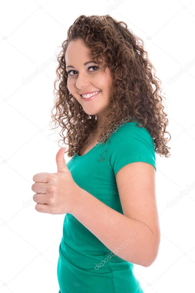 Successful isolated teenager in green with thumbs up.