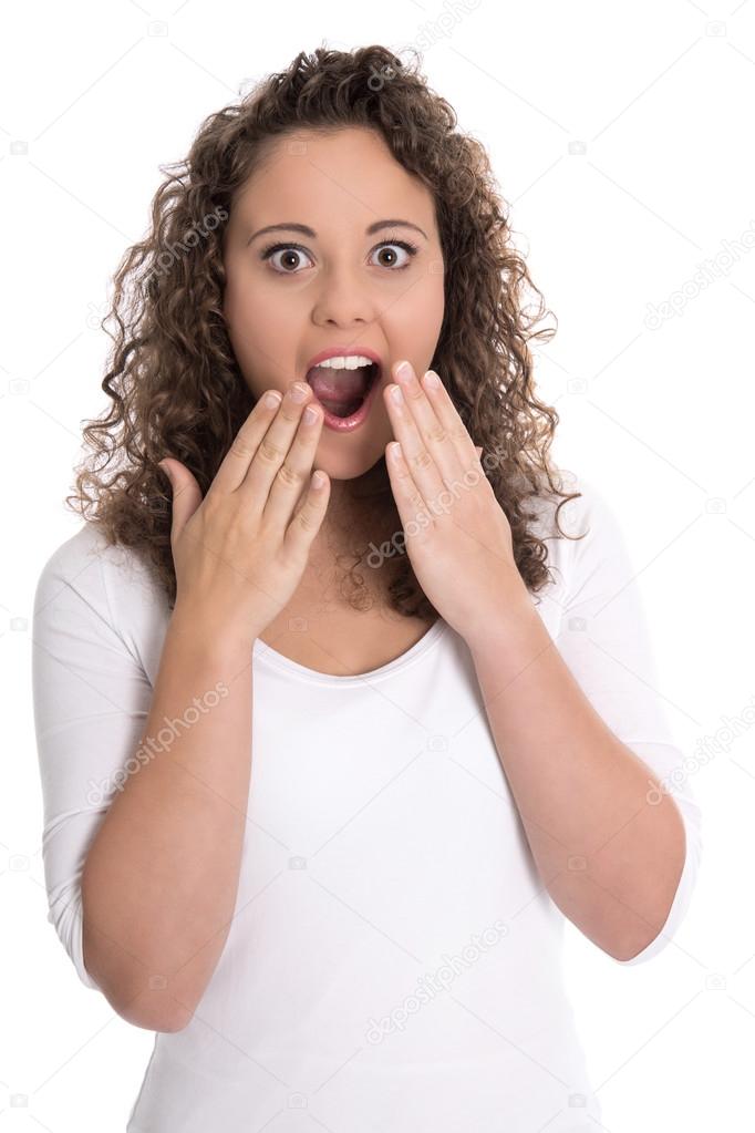 Happy amazed isolated young woman in white with open mouth.