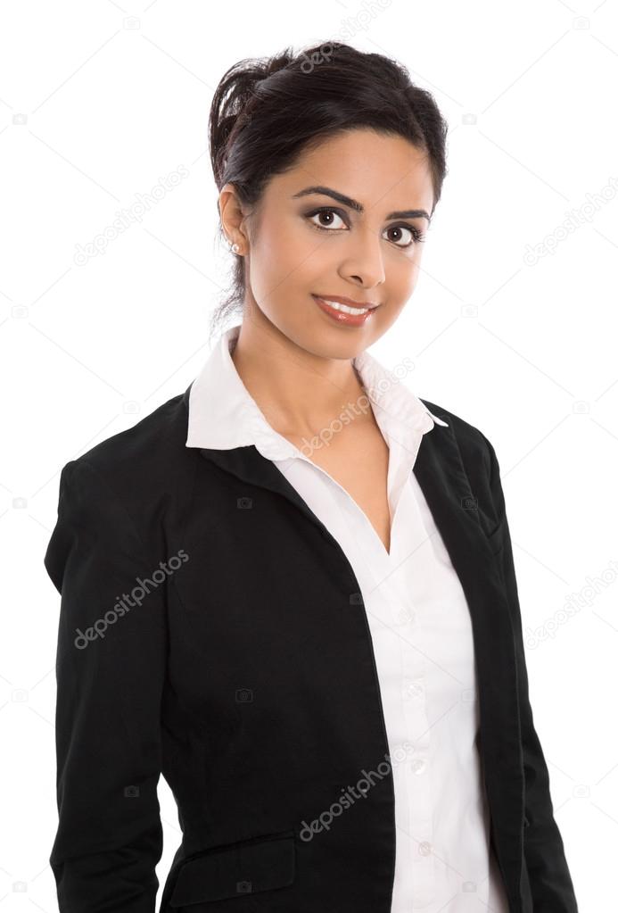 Isolated successful happy indian business woman over white.