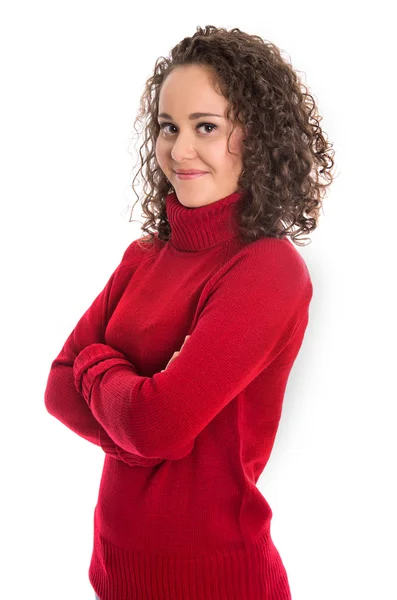 Adolescente donna isolata su bianco indossa pullover rosso . — Foto Stock