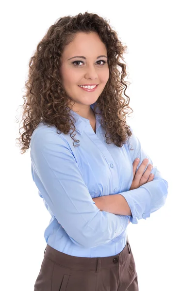 Atraente e sorridente isolado jovem empresária em azul . — Fotografia de Stock