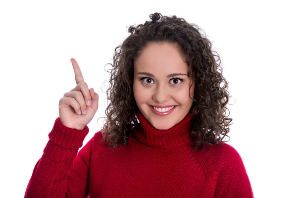 Lustige ziemlich isolierte junge Teenager-Frau in Rot präsentiert Witz — Stockfoto