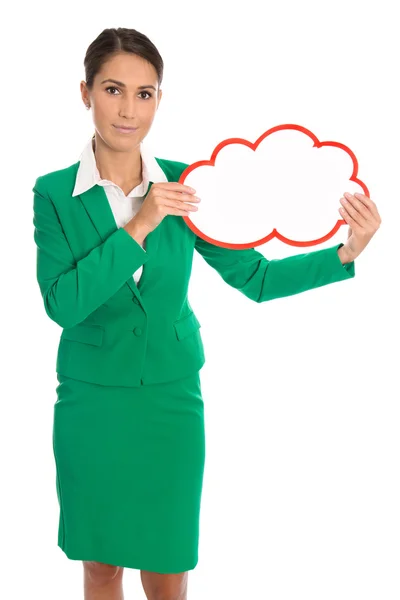 Isolated business woman in green holding a white placard. — Stock Photo, Image