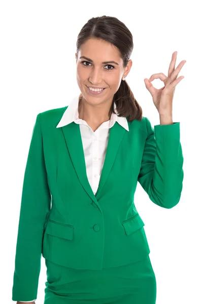 Mujer de negocios aislada en verde haciendo un excelente gesto con fi —  Fotos de Stock