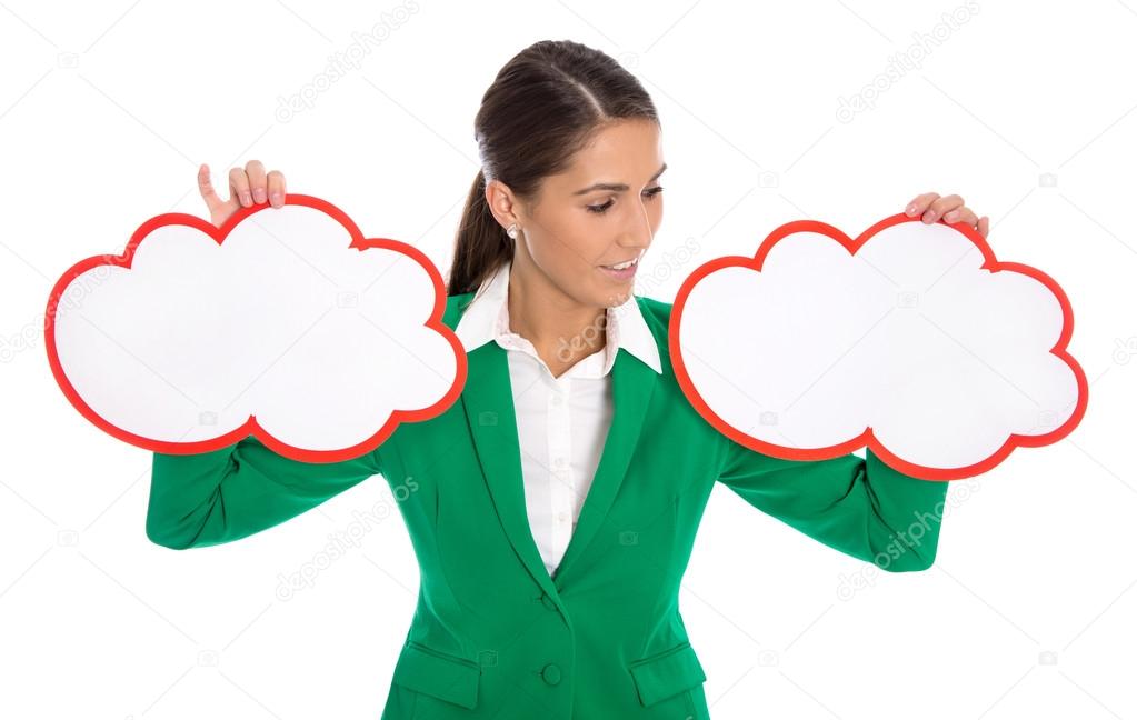 Decision concept: Isolated businesswoman holding two signs for p