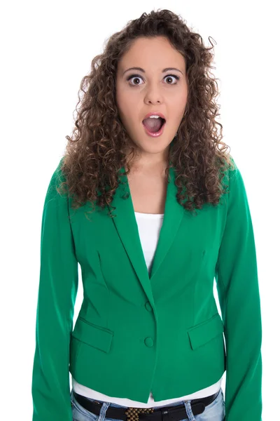 Retrato de una aislada mujer de negocios sorprendida y sorprendida en — Foto de Stock