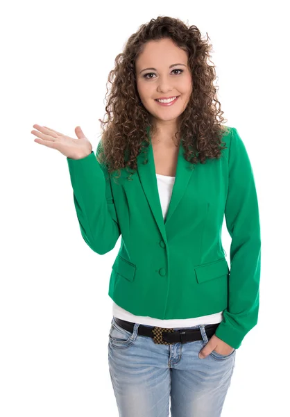Ziemlich isolierte Geschäftsfrau in grün präsentiert mit der Hand. Stockbild