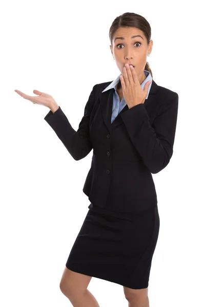 Schockierte isolierte Geschäftsfrau im Anzug präsentiert sich über Weiß. — Stockfoto