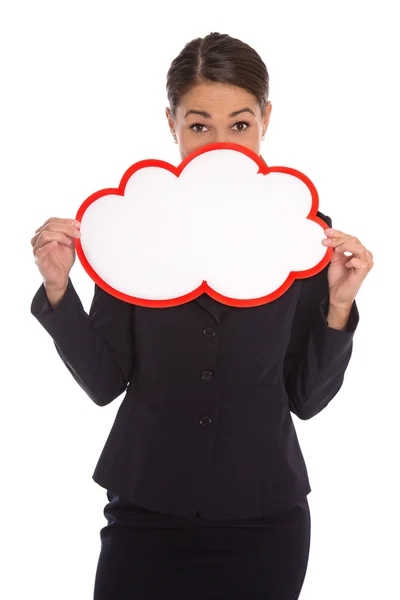 Isolated smiling businesswoman holding red white sign in her han — Stock Photo, Image