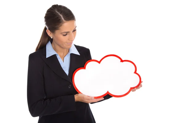 Isolated smiling businesswoman holding red white sign in her han — Stock Photo, Image