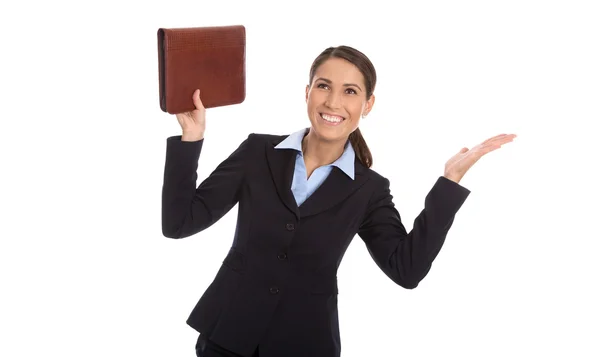 Isolated happy successful business woman celebrating over white. — Stock Photo, Image