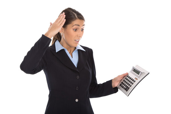 Shocked isolated businesswoman looking frustrated at pocket calc