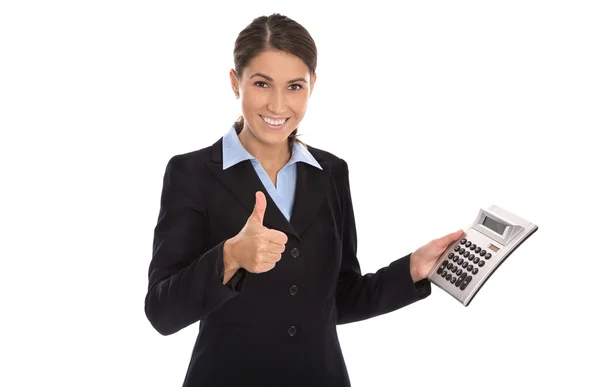 Gelukkig geïsoleerde zakenvrouw weergegeven: pocket calculator. — Stockfoto