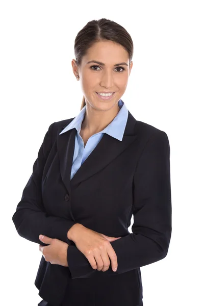 魅力的な分離の笑みを浮かべて女性実業家紺のスーツに. — ストック写真