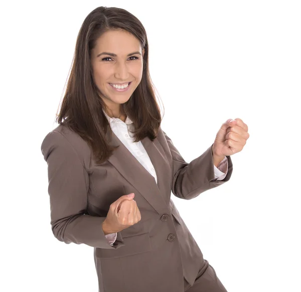 Empresária sorridente bem sucedida isolada em vestido marrom - caree — Fotografia de Stock