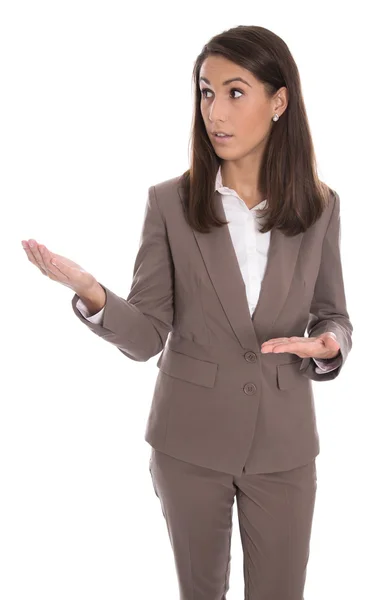 Kobieta na białym tle biznesowych prezentacji nowego produktu z rąk. — Zdjęcie stockowe