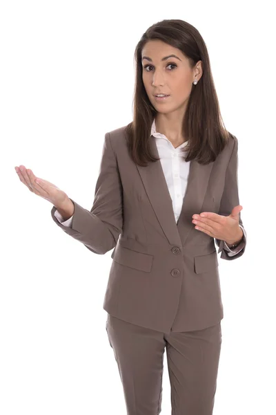 Vereinzelte Geschäftsfrau in braun präsentiert und zeigt mit der Hand — Stockfoto