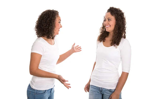 Real twins talking together: isolated over white background — Stock Photo, Image