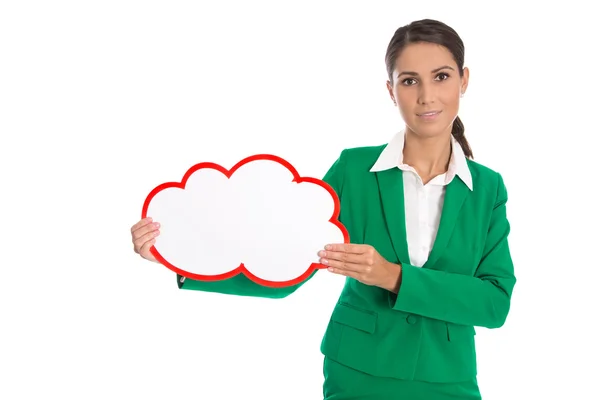 Isolated business woman in green holding a white placard. — Stock Photo, Image