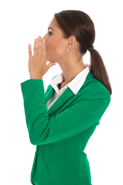 Isolated business woman in green blazer send message or calling u — стоковое фото