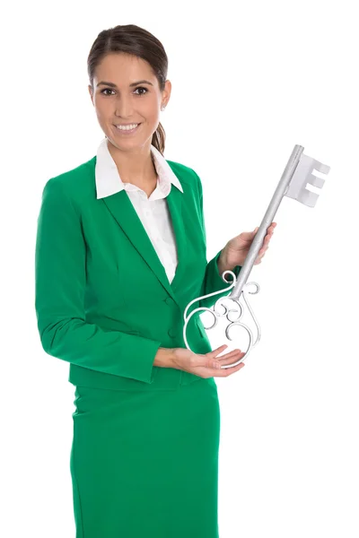 Isolated business woman in green holding key for dedicate a hous — Stock Photo, Image