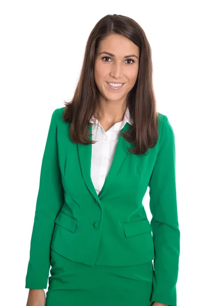 Retrato de uma mulher de negócios sorridente e isolada vestindo uma chama verde — Fotografia de Stock