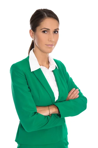 Retrato de uma mulher de negócios sorridente e isolada vestindo uma chama verde — Fotografia de Stock