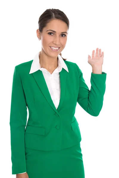 Isolated happy businesswoman in green showing something with her — Stock Photo, Image